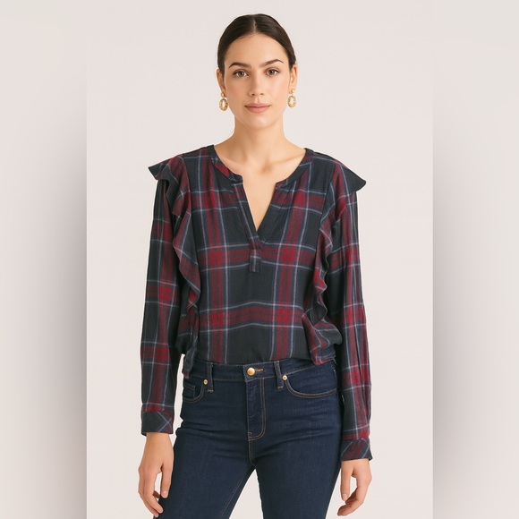 Vince Camuto S Plaid Ruffle V-neck Top - Picture 1 of 6